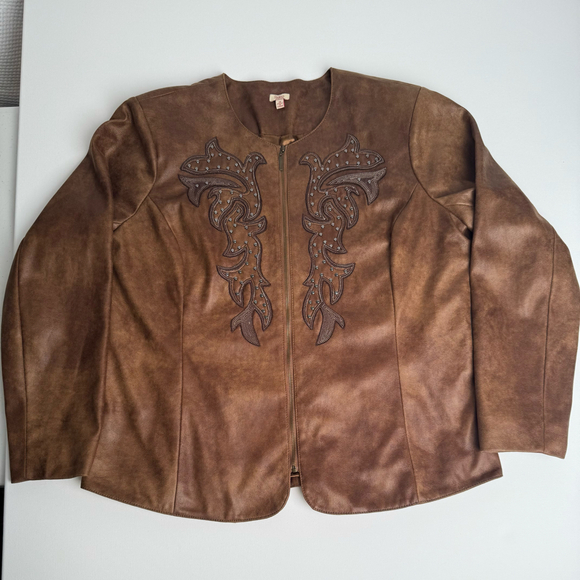 Reba Jackets & Blazers - Reba Woman Faux Leather Western Jacket Brown 1X Plus Size Embroidered Studded